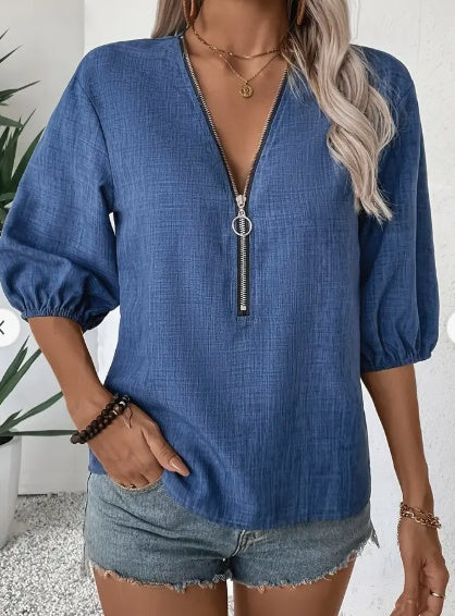 Elegant Deep V-Neck Zip-Up Blouse For Women - Chic Spring Fall Fashion, Machine Washable, Design, Sleeve