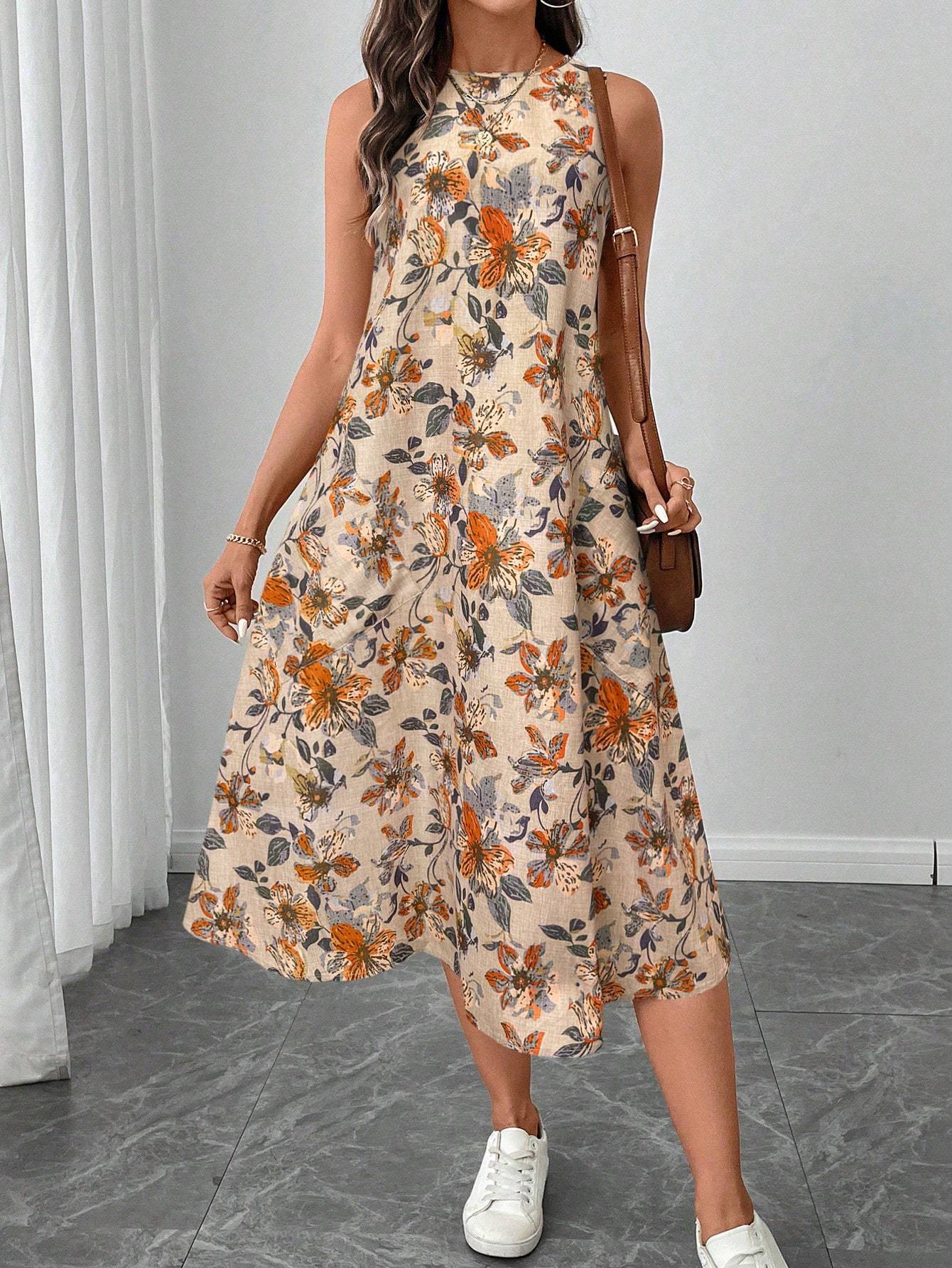 Round Neck Sleeveless Flared Hem Retro Floral Print Casual Elegant Midi Dress