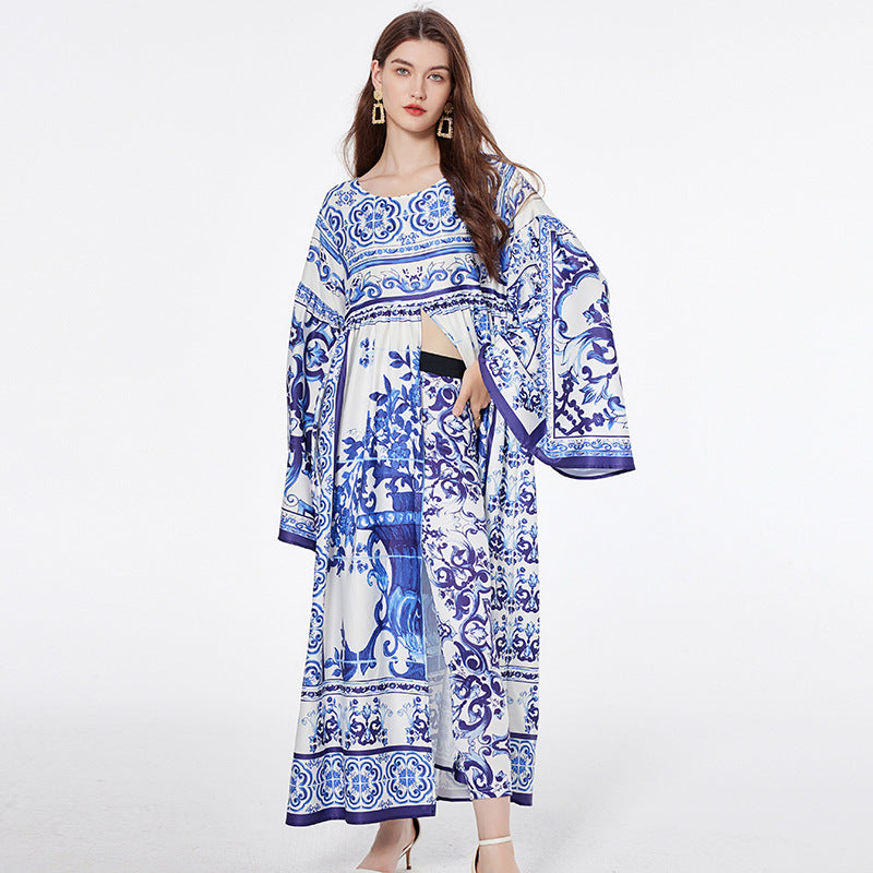 Blue And White Porcelain Printed Loose Long Sleeves Blouse Trousers Two-piece Suit