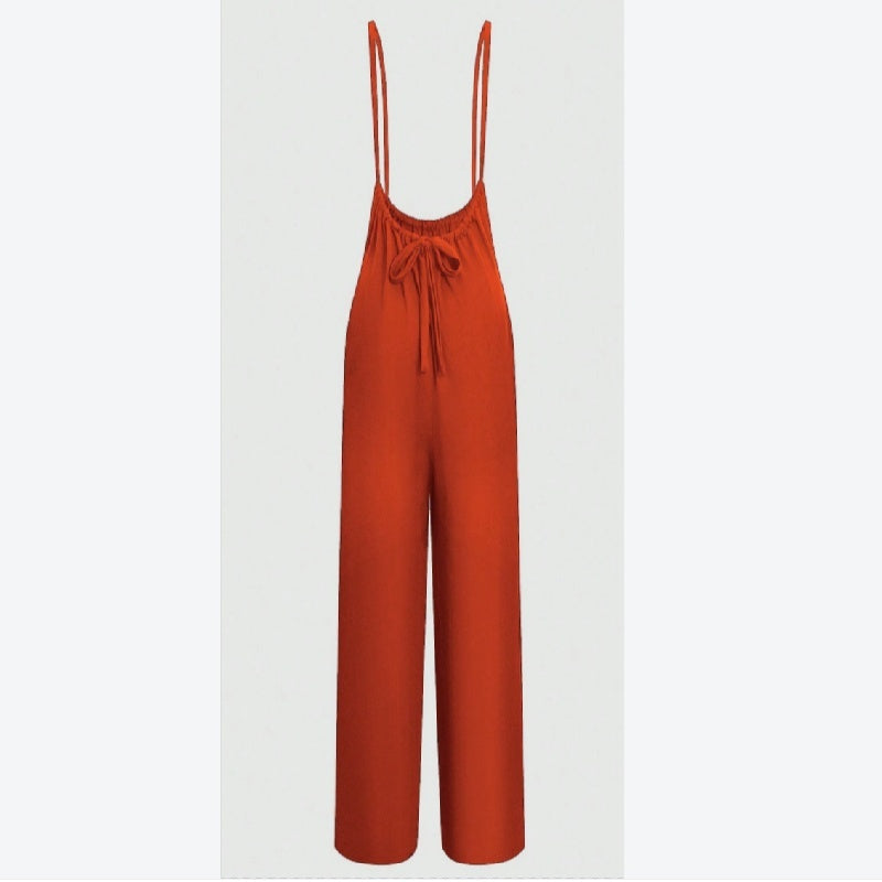 Women's Summer Solid Color Back Knot Casual Loose Jumpsuit With Suspenders