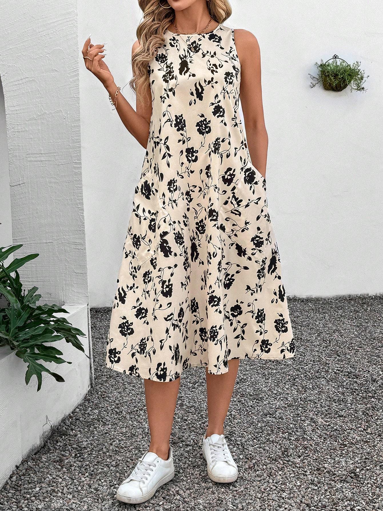 Round Neck Sleeveless Flared Hem Retro Floral Print Casual Elegant Midi Dress
