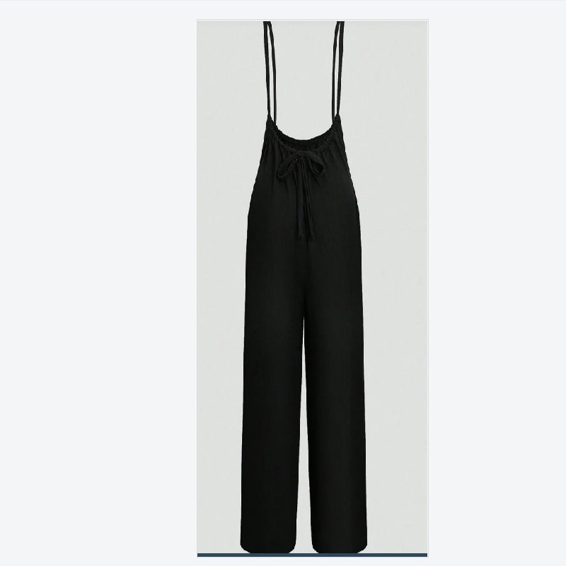 Women's Summer Solid Color Back Knot Casual Loose Jumpsuit With Suspenders